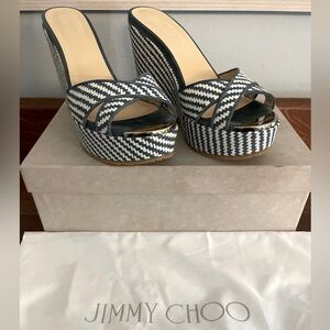 Jimmy Choo Dusk Crisscross Platform Wedge Sandals Blue Woven Raffia size 37.5